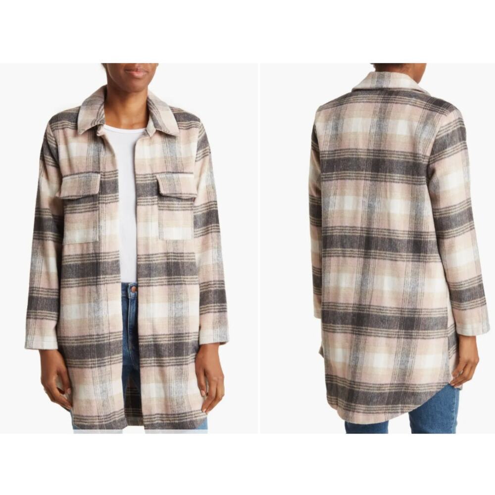 Melloday Long Flannel Open Cardigan Cream/Pink Plaid Jacket Women Plus Sz 1X
